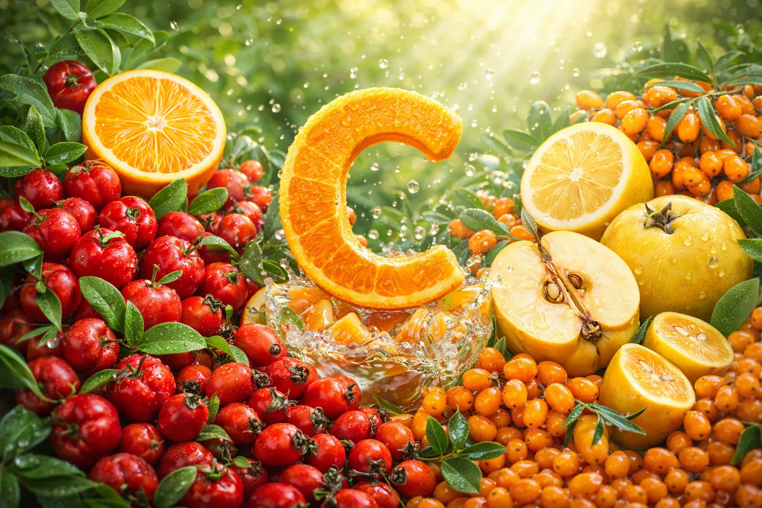 Natural vitamin C sources including rosehip, acerola, and sea buckthorn