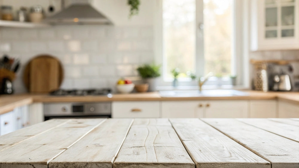 Kitchen window with early morning light falling across a wooden countertop