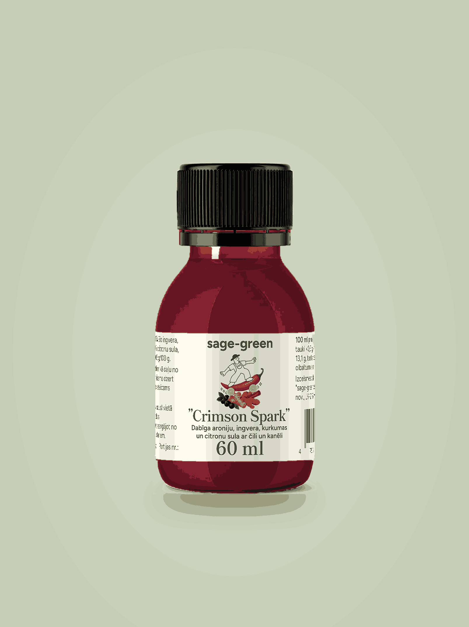 Crimson Spark – bioloģisks funkcionālais šots ar aroniju, ingveru, kurkumu, citronu, čili un kanēli (60 ml)