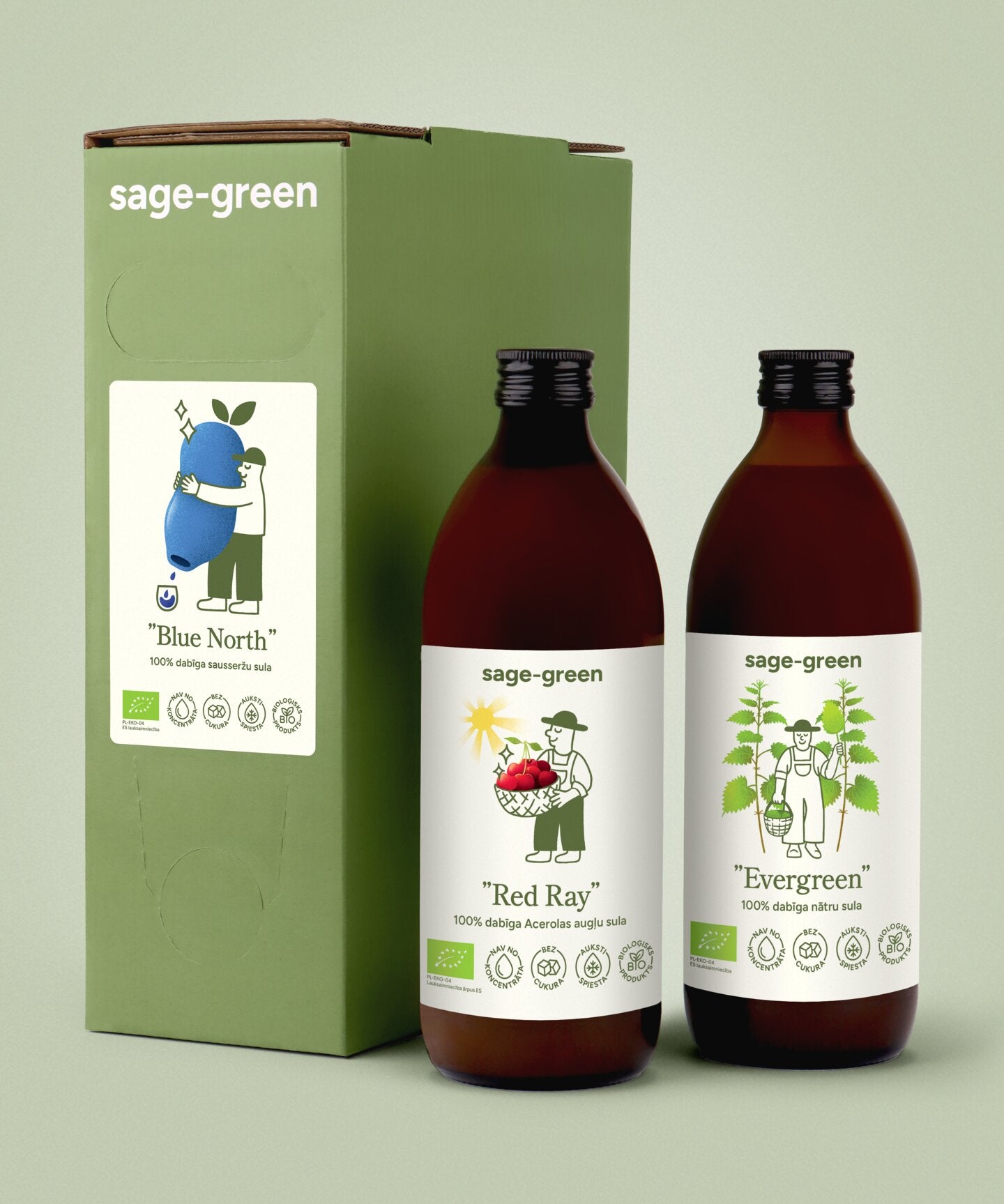 Komplekts matu un ādas skaistumam — 3 L sausseržu sula, 500 ml acerolas sula un 500 ml nātru sula pudelēs uz gaiša fona
