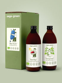Komplekts matu un ādas skaistumam — 3 L sausseržu sula, 500 ml acerolas sula un 500 ml nātru sula pudelēs uz gaiša fona