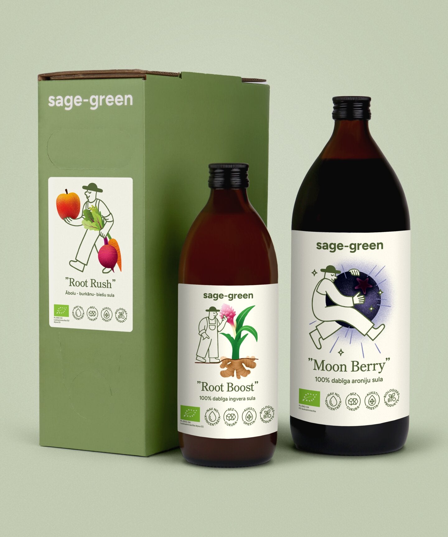 Komplekts Daily Strength – 3 L biešu-ābolu-burkānu, 1 L aroniju un 500 ml ingvera sula uz gaiša fona