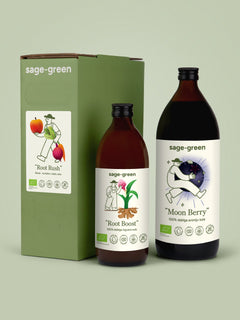 Komplekts Daily Strength – 3 L biešu-ābolu-burkānu, 1 L aroniju un 500 ml ingvera sula uz gaiša fona