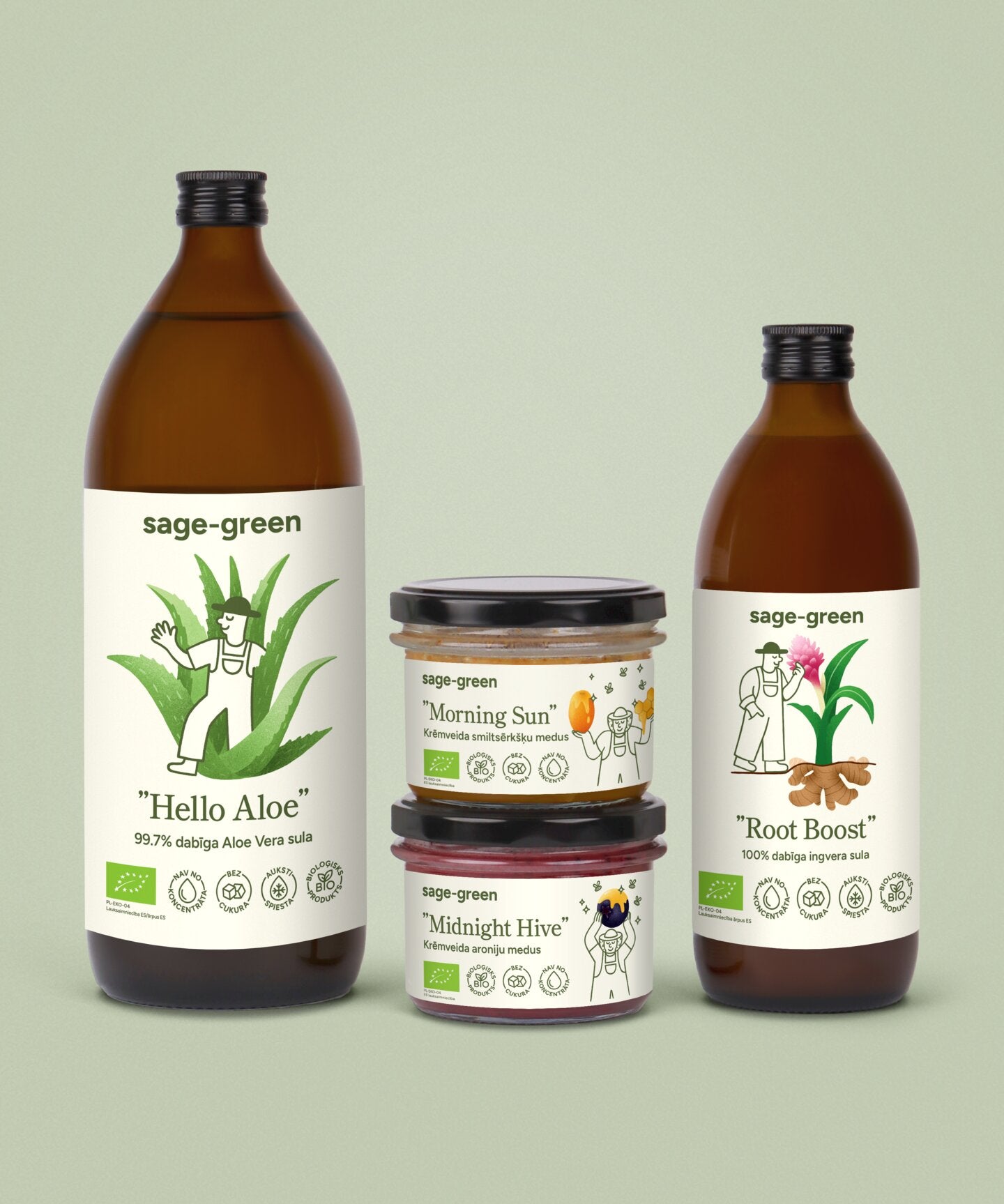 Komplekts gremošanas līdzsvaram – 1 L alvejas sula, 500 ml ingvera sula un aroniju-smiltsērkšķu medus pudelēs uz gaišas virsmas